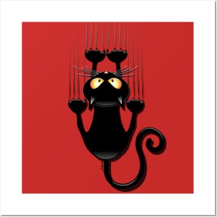 Black Cat Cartoon Scratching Wall Posters and Art